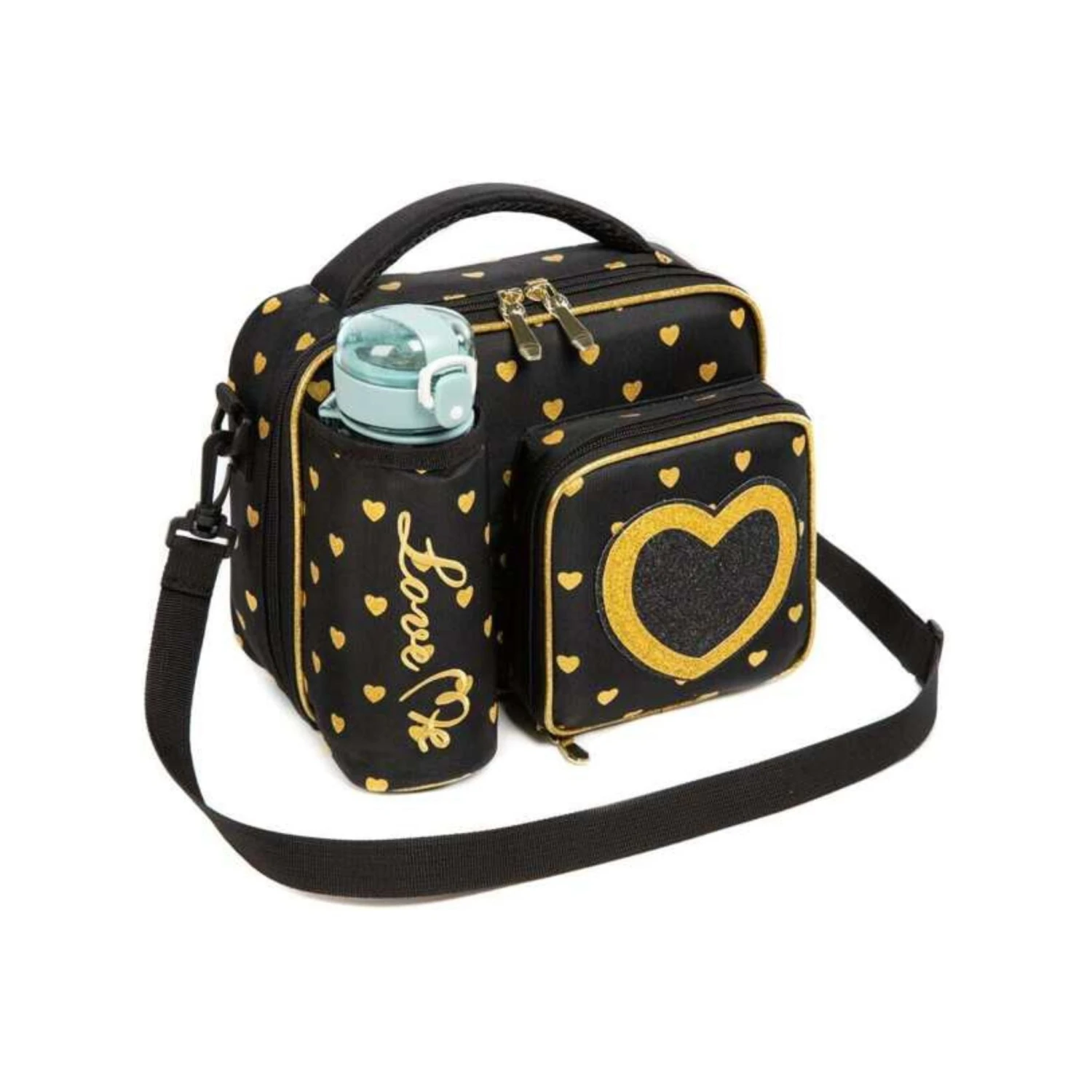 Black & Gold Heart Print Insulated Lunch Bag 4 Black & Gold Heart Print Insulated Lunch Bag - Image 2